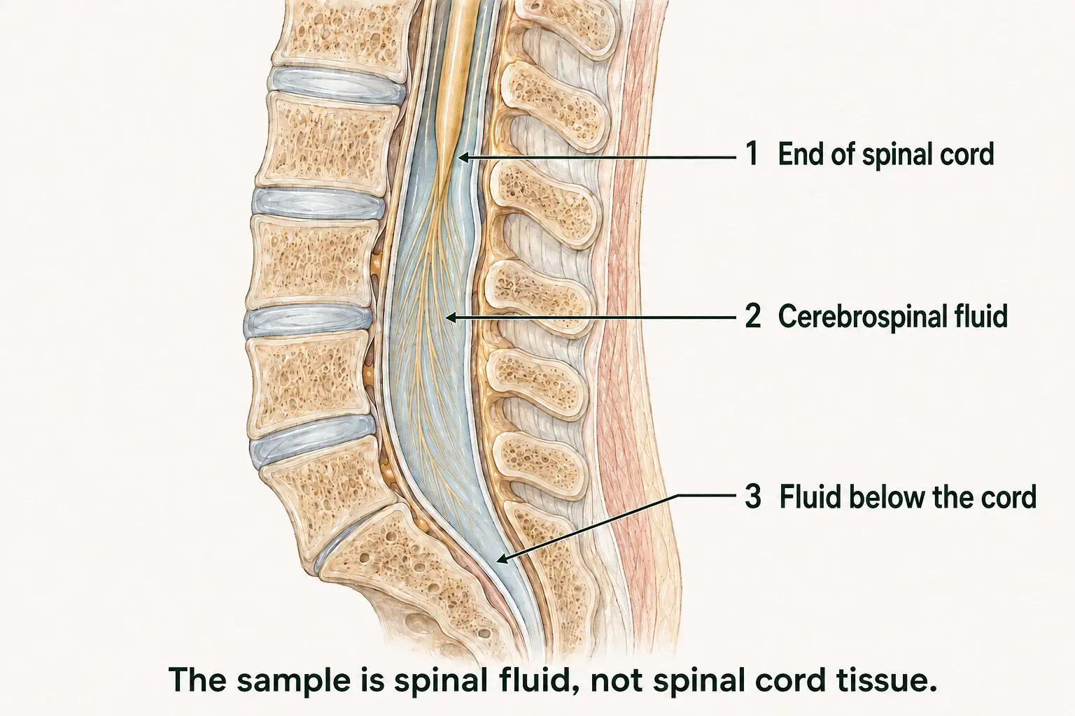 Labeled side cutaway of the lower spine. Arrows identify the end of the spinal cord, cerebrospinal fluid around the lower nerve roots, and the fluid space below the cord.