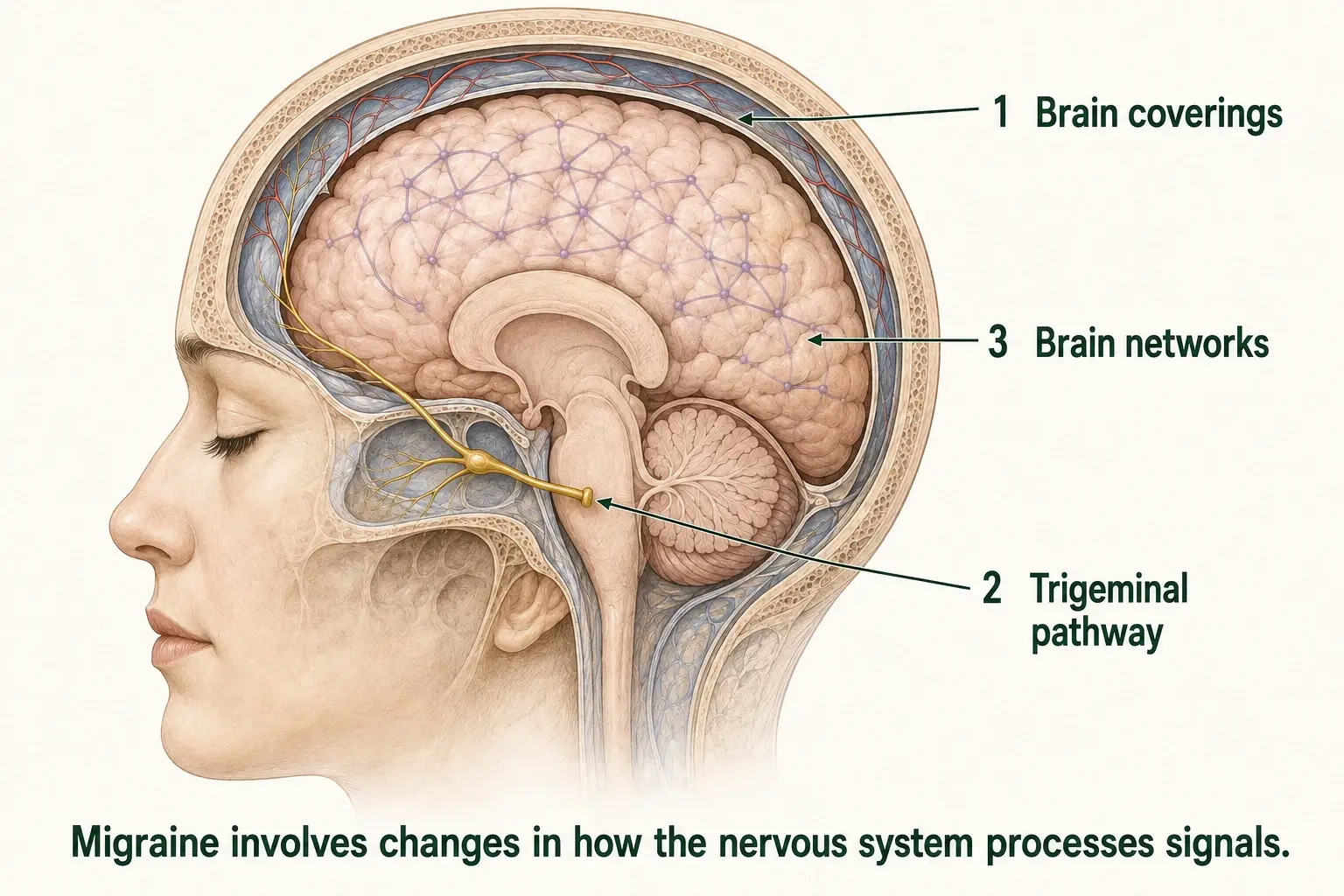 Side cutaway of the head showing the brain coverings, a simplified trigeminal pain pathway, and its connection with the brainstem.