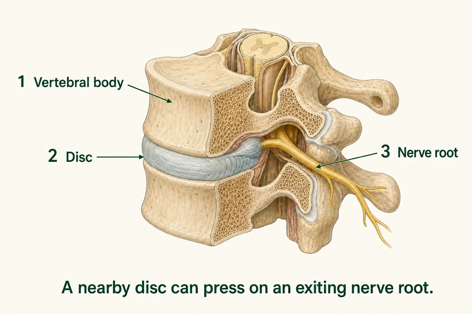 Labeled cervical spine cutaway showing vertebral bodies, a disc between their endplates, and a disc projection beside a continuous exiting nerve root.