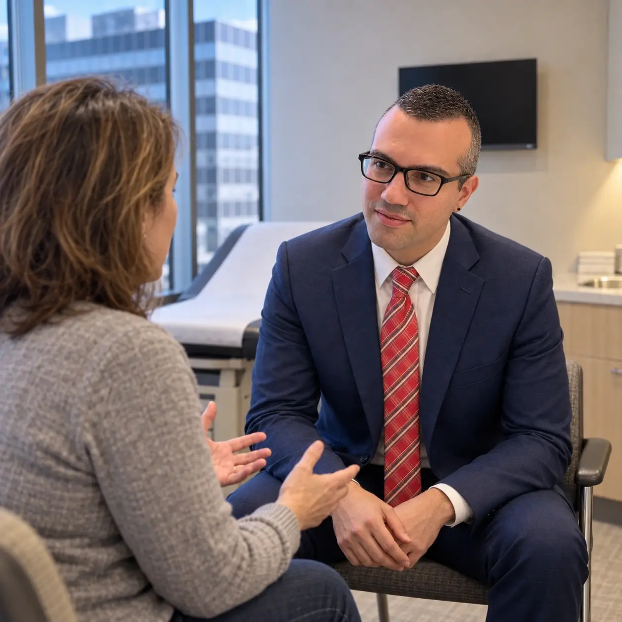 Dr. Achillefs Ntranos listening to a patient during a consultation