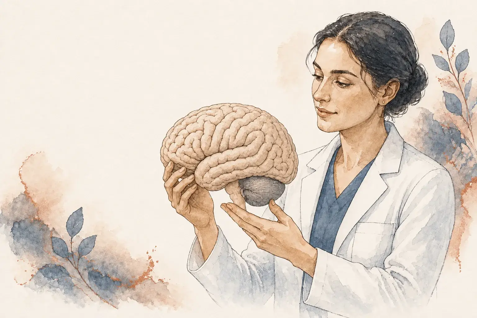 A clinician holding a brain model during an explanation.