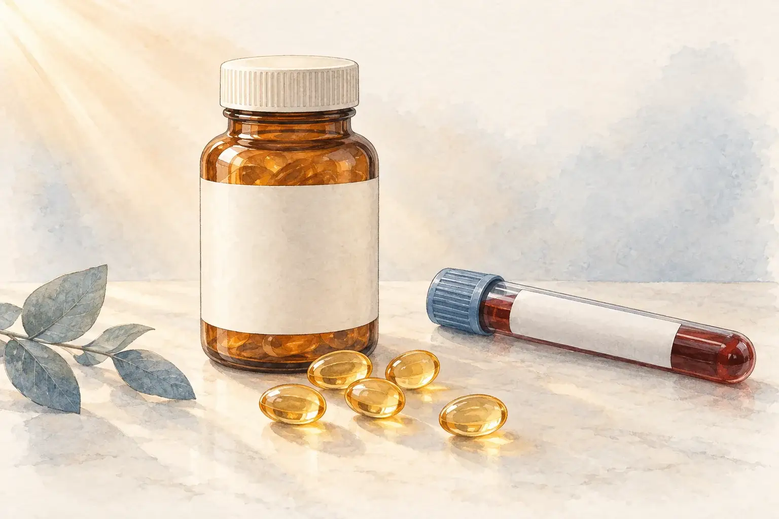 A supplement bottle and softgel capsules beside a capped blood sample tube and a sprig of leaves, in soft morning light.