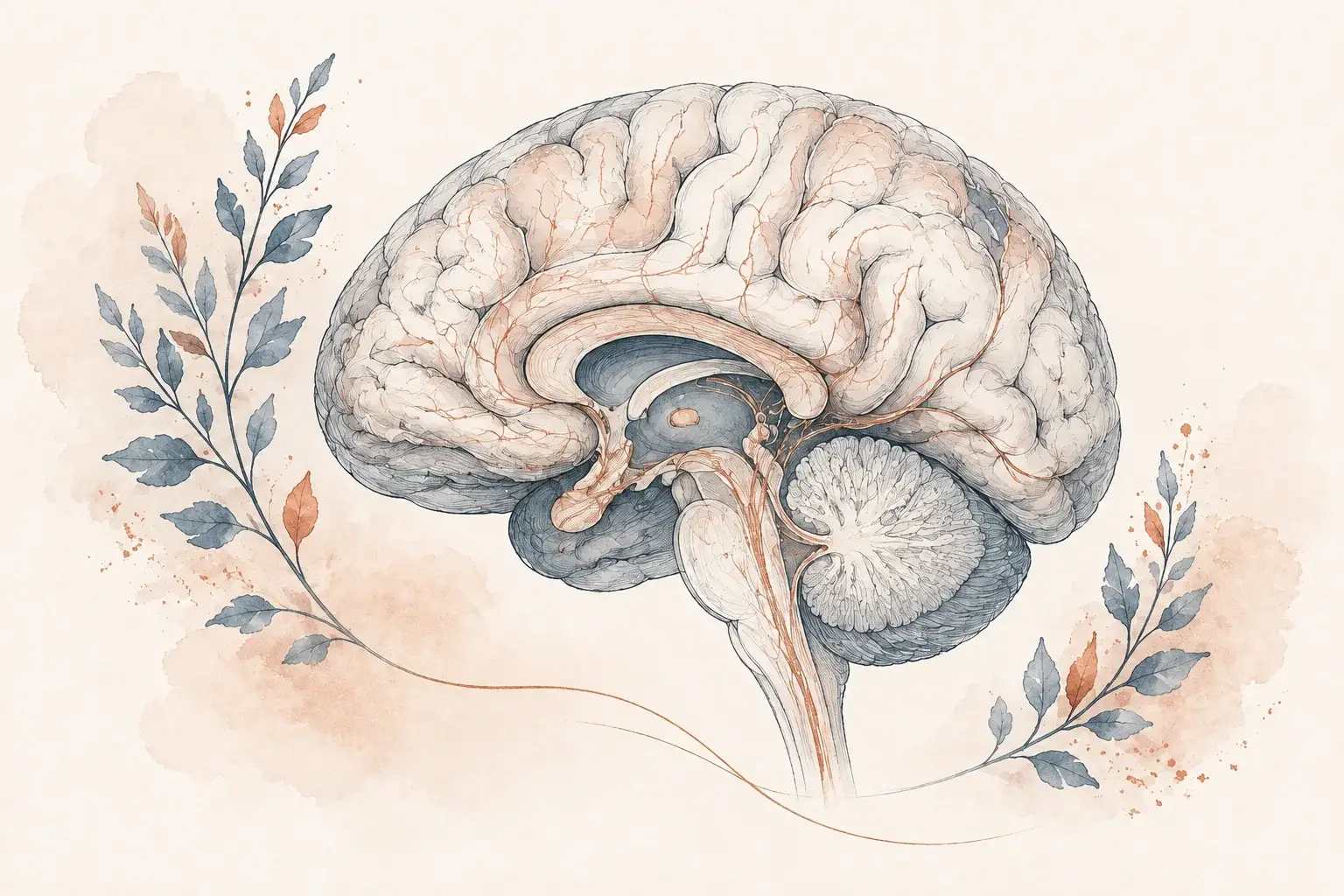 A brain illustration in soft copper and slate blue with fine botanical accents.