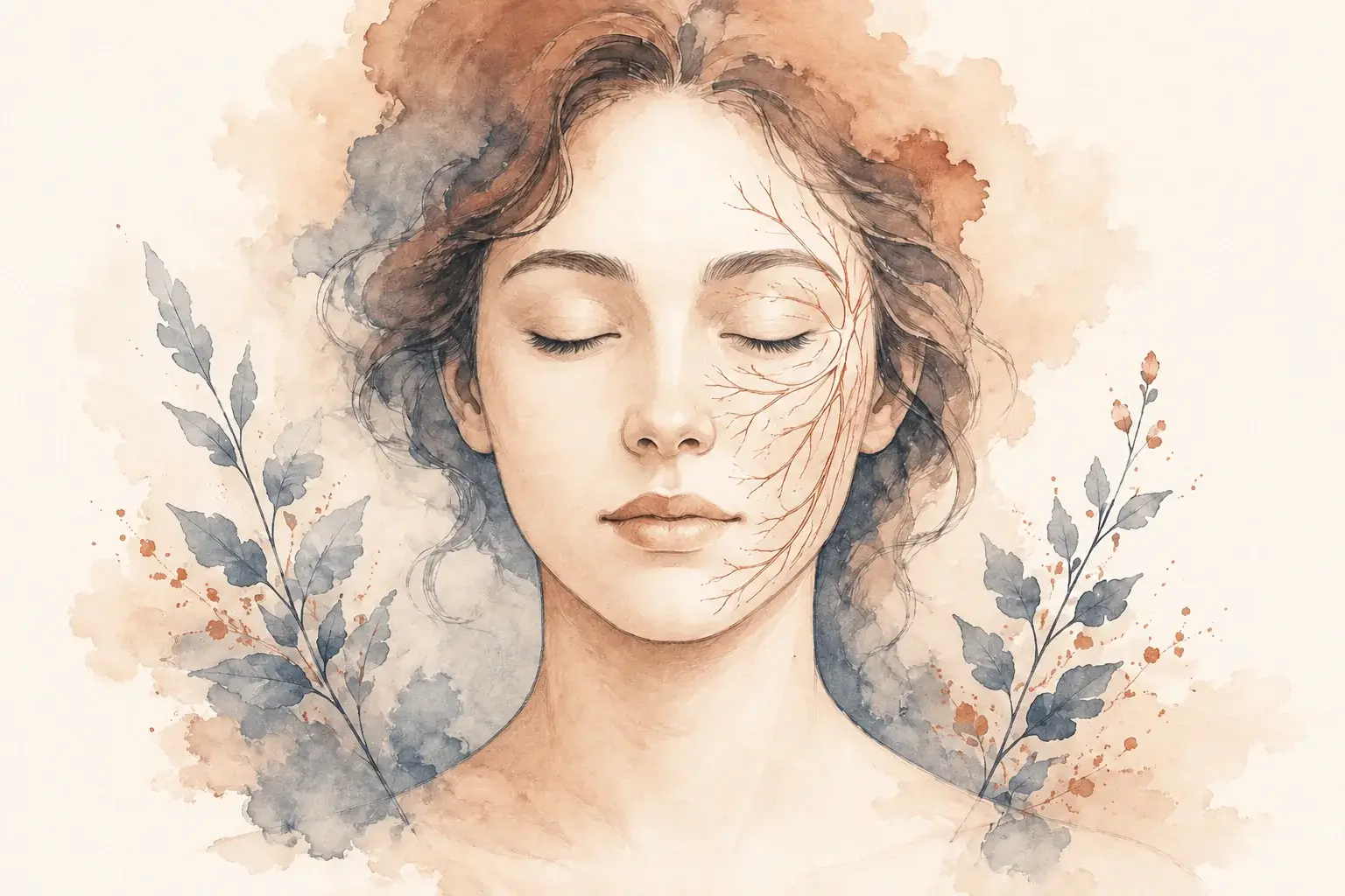 A calm face with a delicate copper facial-nerve motif on one side.