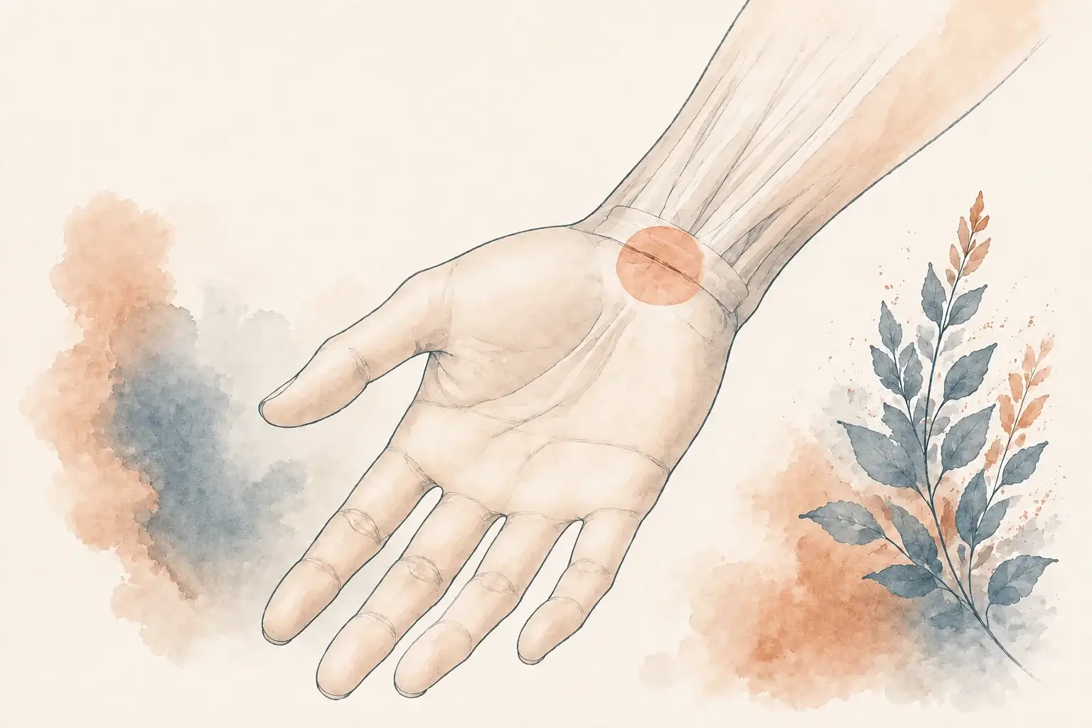 An open hand with a small copper highlight over the carpal tunnel at the wrist.
