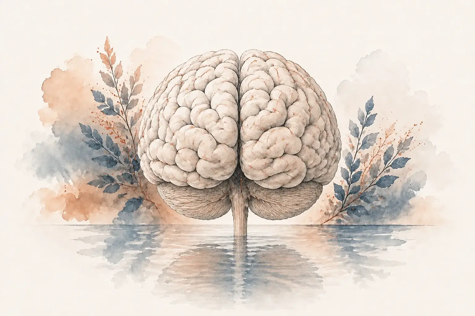 A softly shaded whole brain above a pale watercolor reflection.