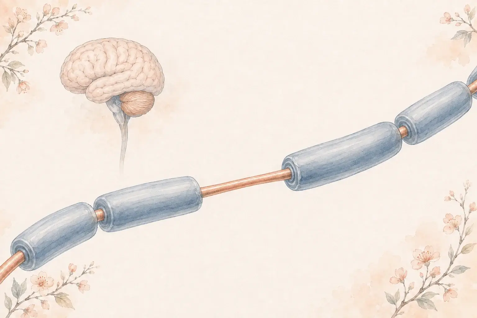 A curved nerve fiber with one focal gap in its myelin, beside a small brain and spinal cord illustration.
