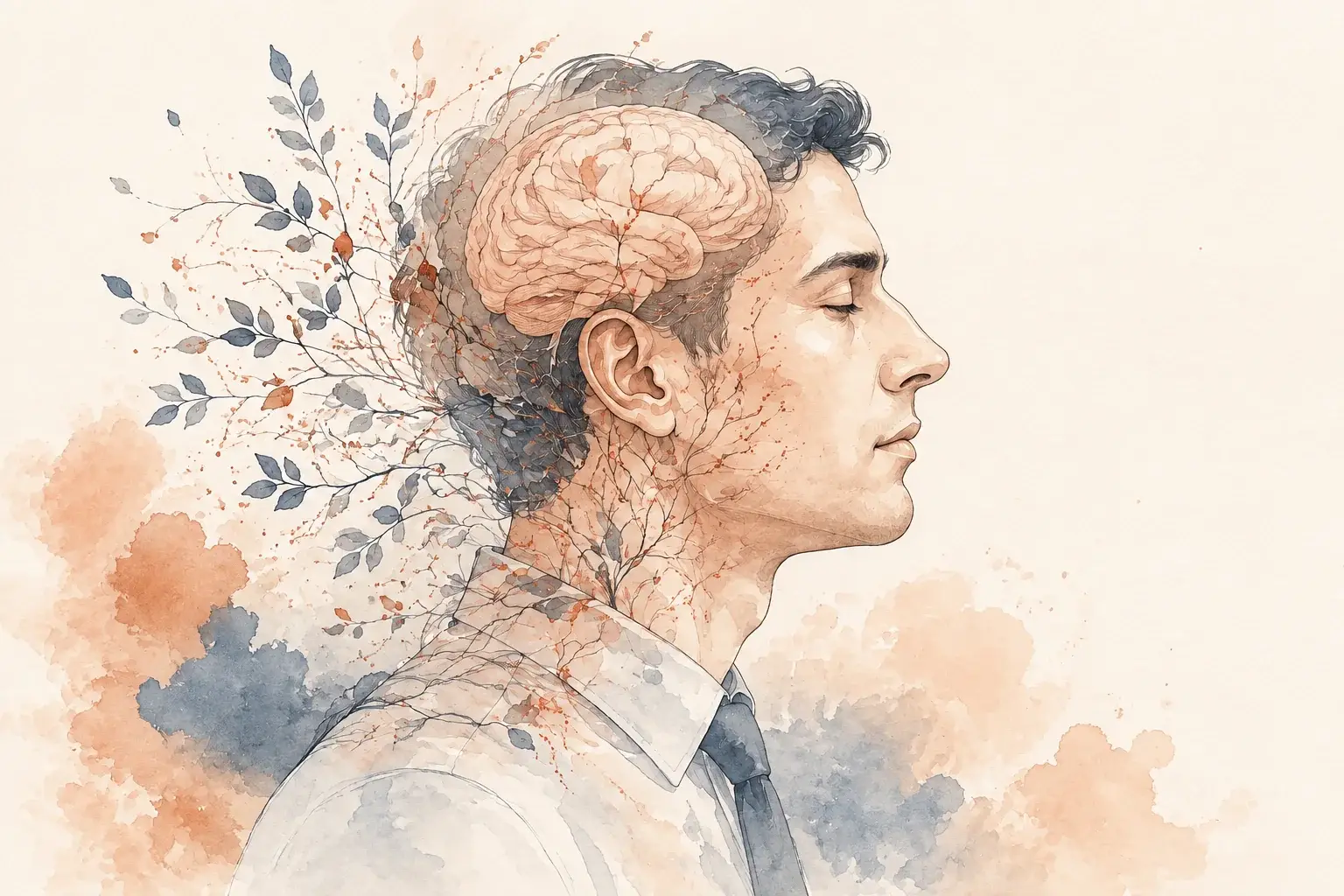A thoughtful profile with a subtle brain illustration and branching botanical lines.