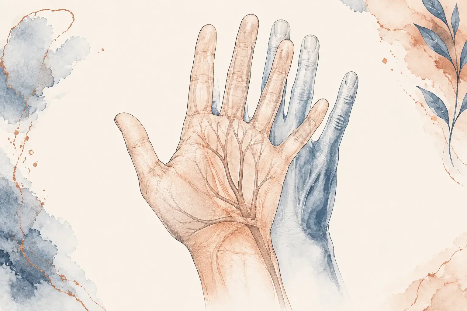 An open palm with delicate nerve branches and a faint offset hand outline.