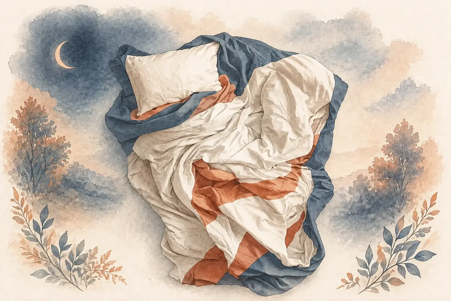 A softly rumpled bed and pillow in a quiet moonlit room.