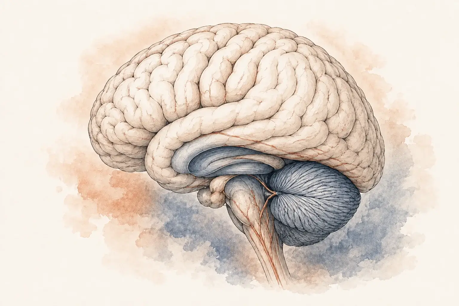 A whole brain rendered in soft copper and slate-blue watercolor.