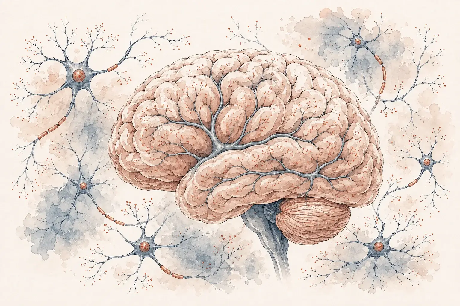 A whole brain surrounded by fine branching nerve cells in copper and slate blue.
