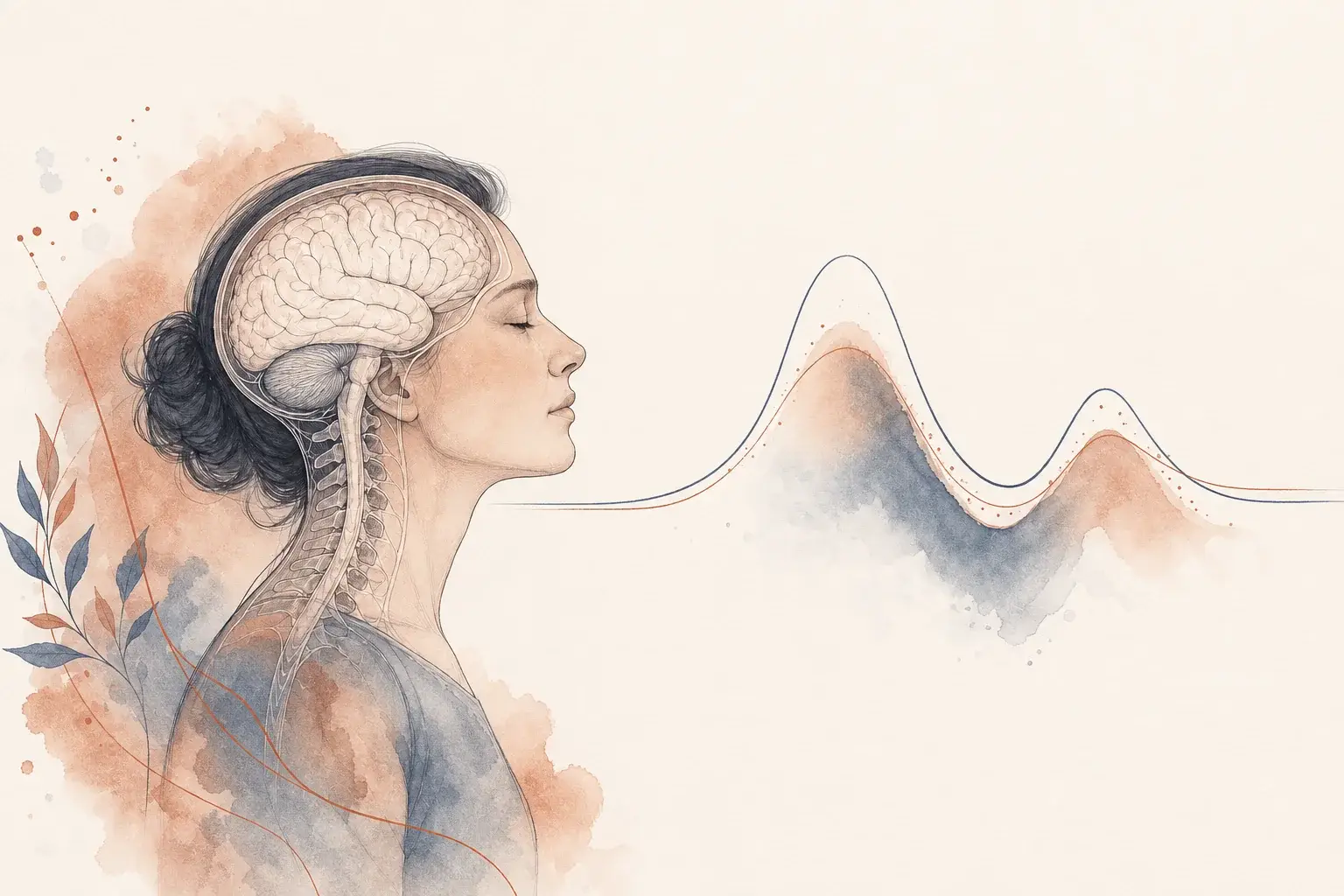 A person in profile with a translucent brain and spinal cord beside a line that rises and settles twice.