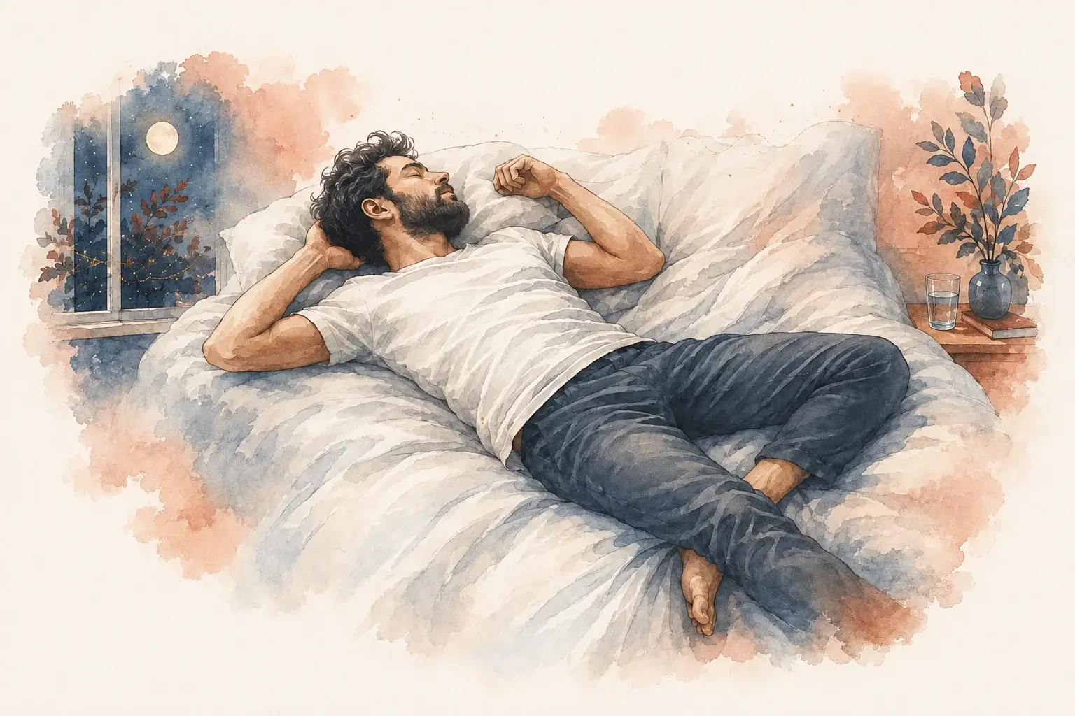 A man resting on an ivory bed beside a moonlit window.