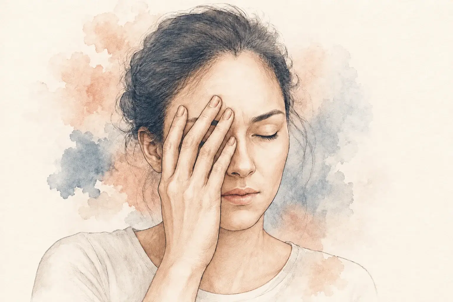 A woman with closed eyes holding one side of her face.