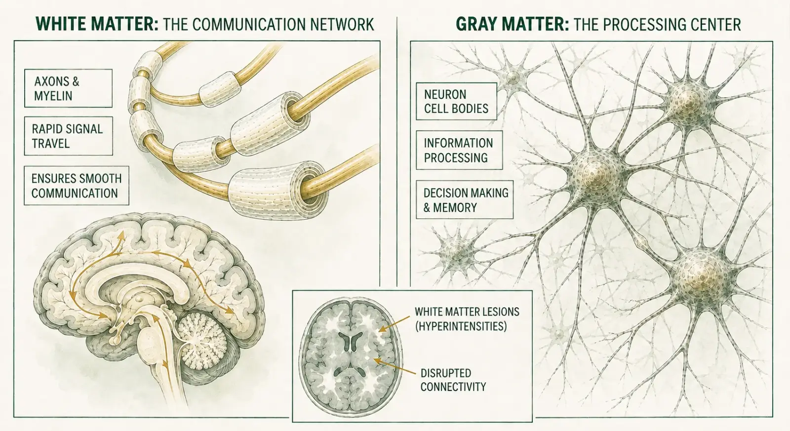 Labeled comparison of white matter communication fibers and gray matter cell bodies, with an illustrative inset showing white matter lesions and disrupted connectivity.