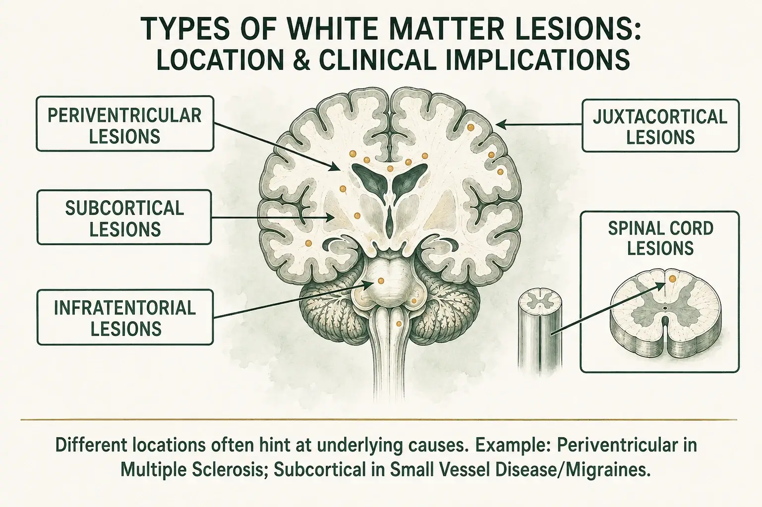 Labeled brain and spinal cord diagram showing periventricular, subcortical, infratentorial, juxtacortical and spinal cord lesion locations.