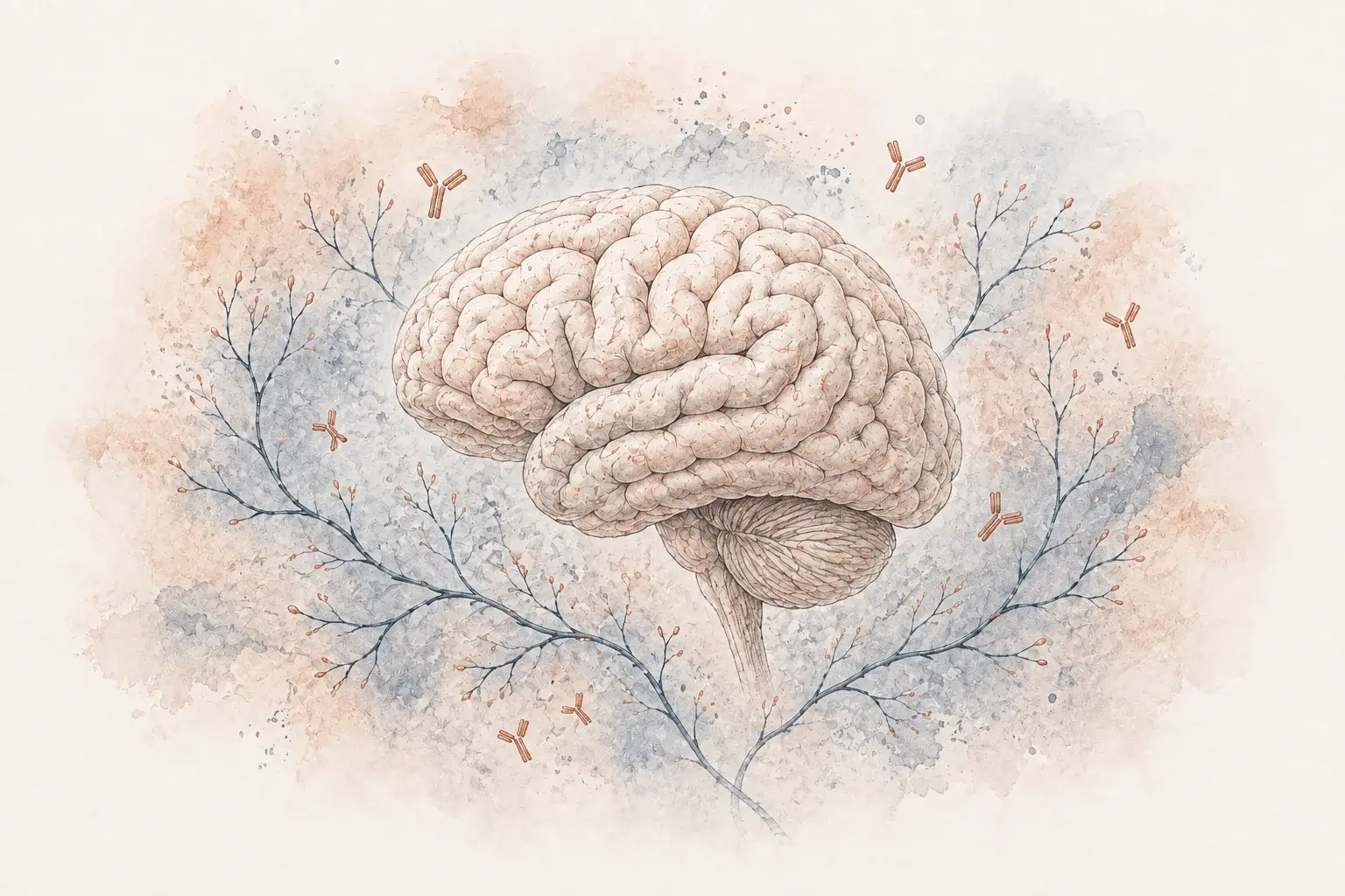 Brain illustration with subtle antibody shapes, representing autoimmune neurology.