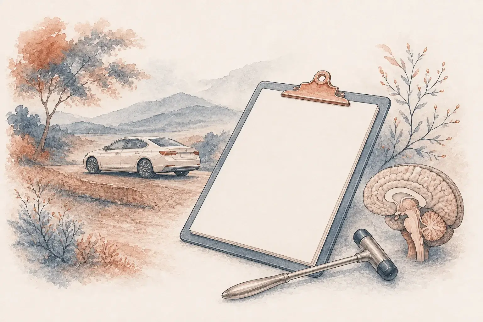 Neurological evaluation tools and a blank report beside an unbranded car.