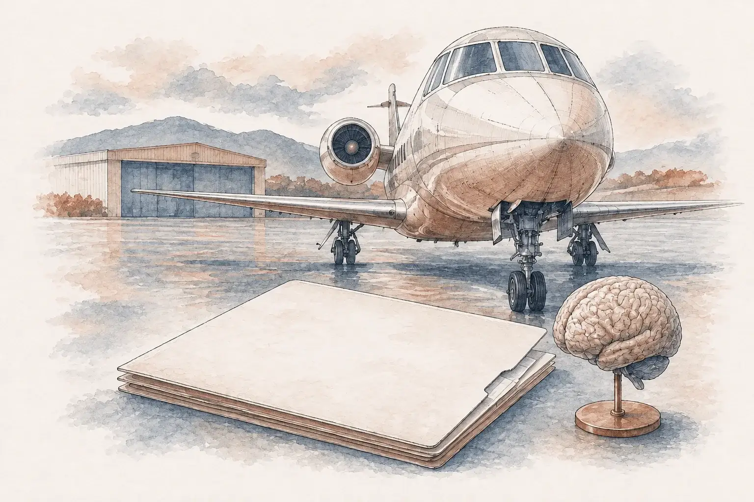 Aircraft beside a neurological report folder and brain model, illustrating an aviation evaluation.