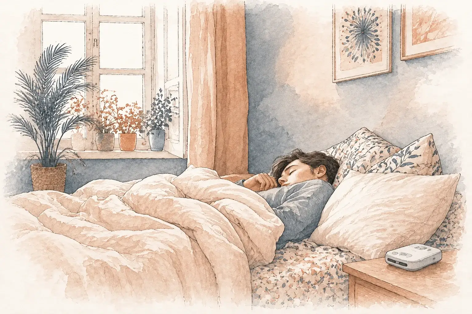 Adult resting at home with a portable sleep recorder on the bedside table.