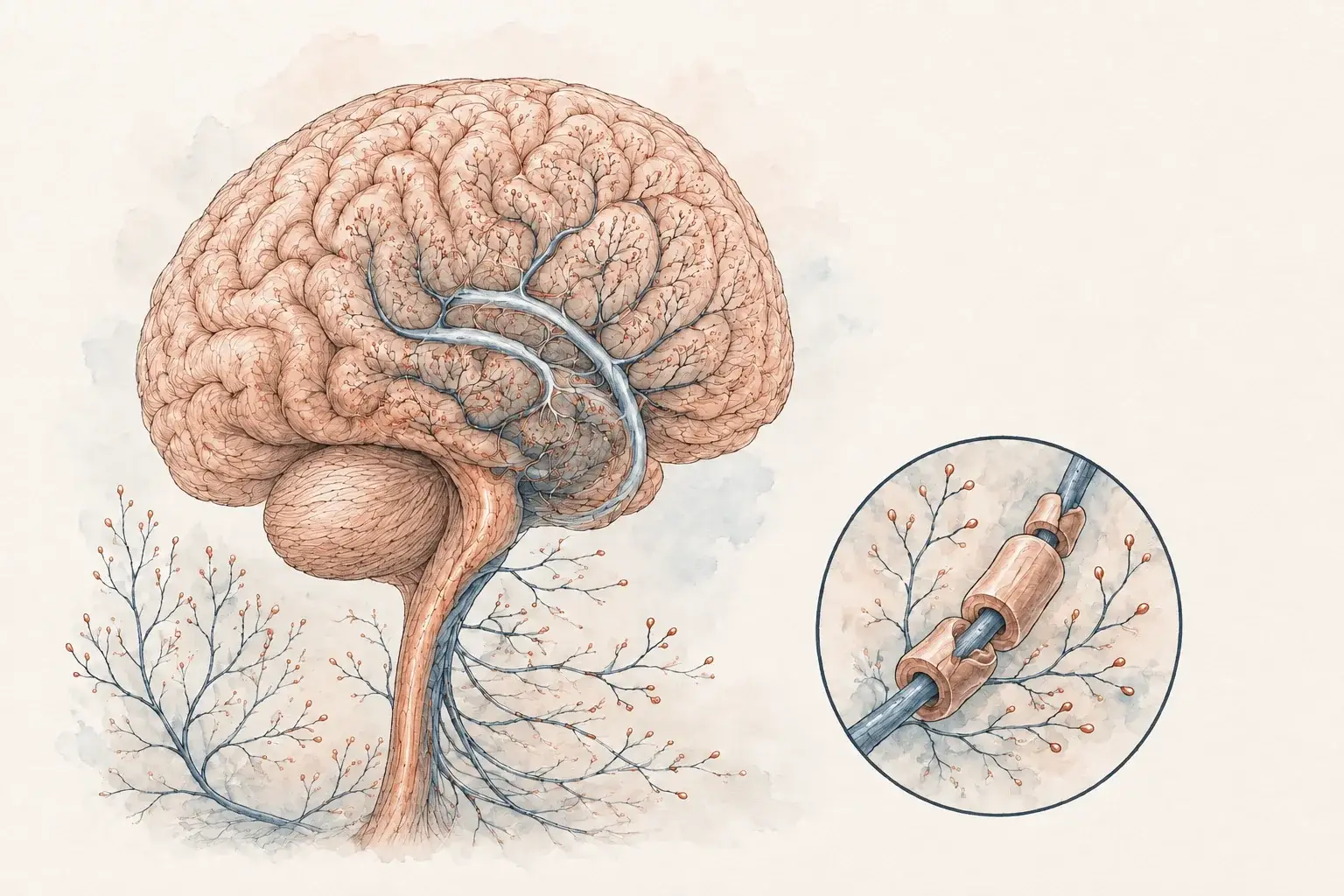 Brain and upper spinal cord with a small nerve-fiber illustration, representing MS evaluation.