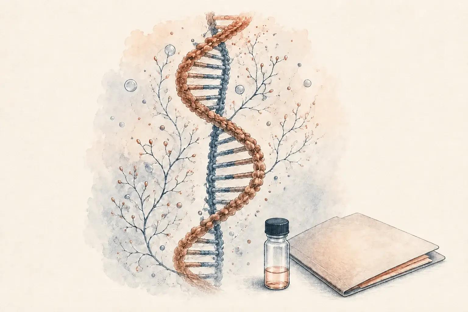DNA double helix beside a sample tube and blank report, representing neurogenetic testing.