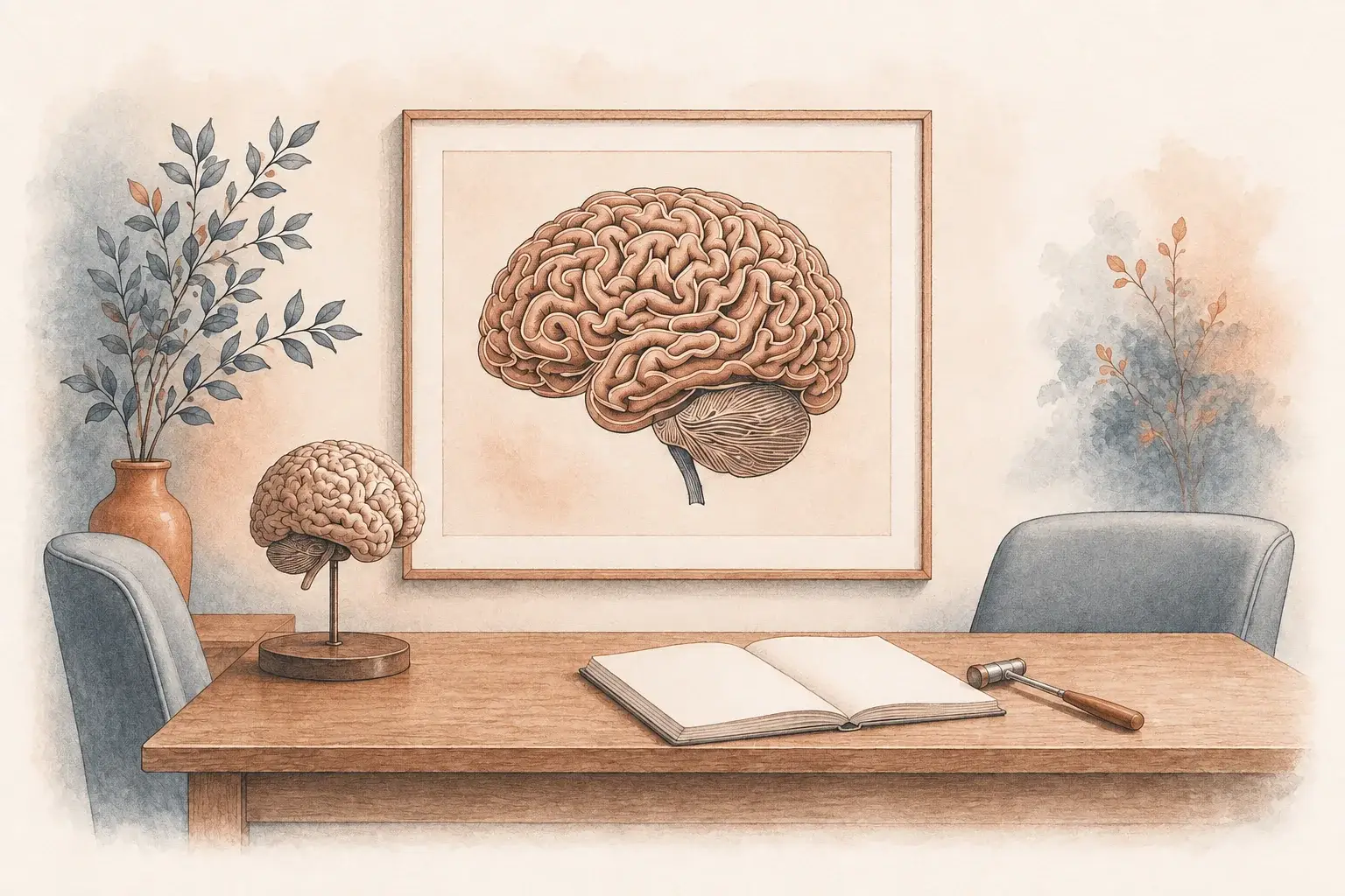 Brain model, reflex hammer and notebook in a quiet consultation-room illustration.