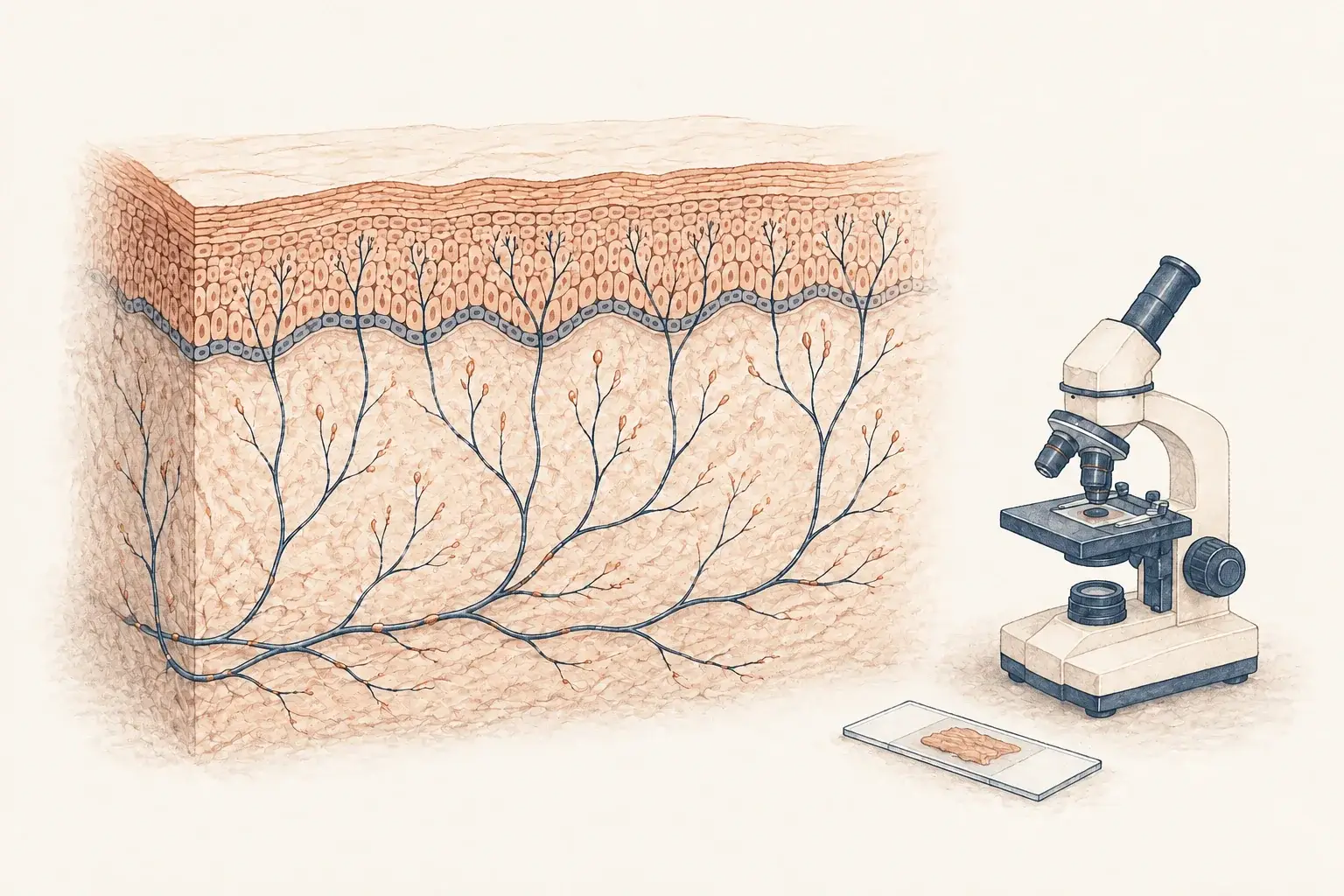Skin cross-section with fine nerve terminals beside a microscope and slide.