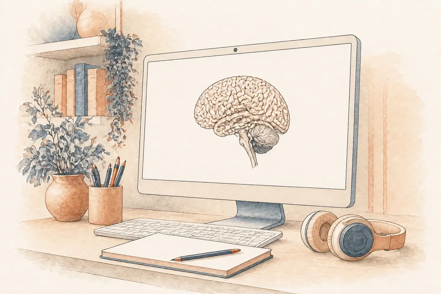 Home computer displaying a brain illustration beside headphones and a notebook.