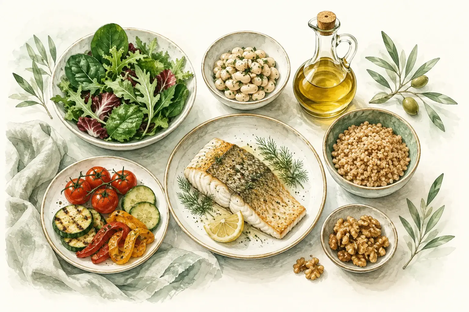 Vegetables, beans, whole grains, fish, nuts, and olive oil arranged as a Mediterranean-style meal.