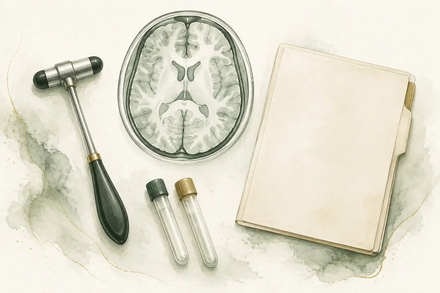 A reflex hammer, a brain scan, and capped sample tubes beside a blank clinical folder.