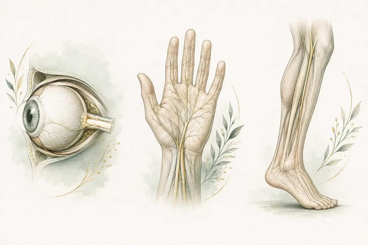 An eye, a hand with lightly traced sensory nerves, and a walking foot representing vision, sensation, and movement.
