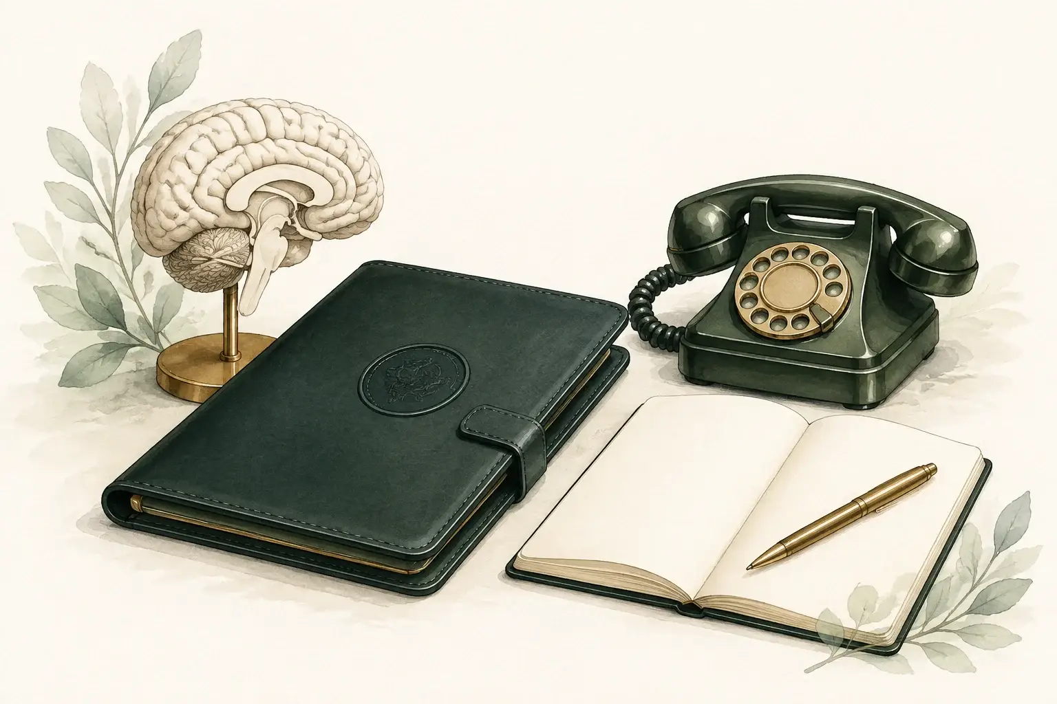 A brain model, an unlettered certificate folder, and a telephone beside a blank appointment book.