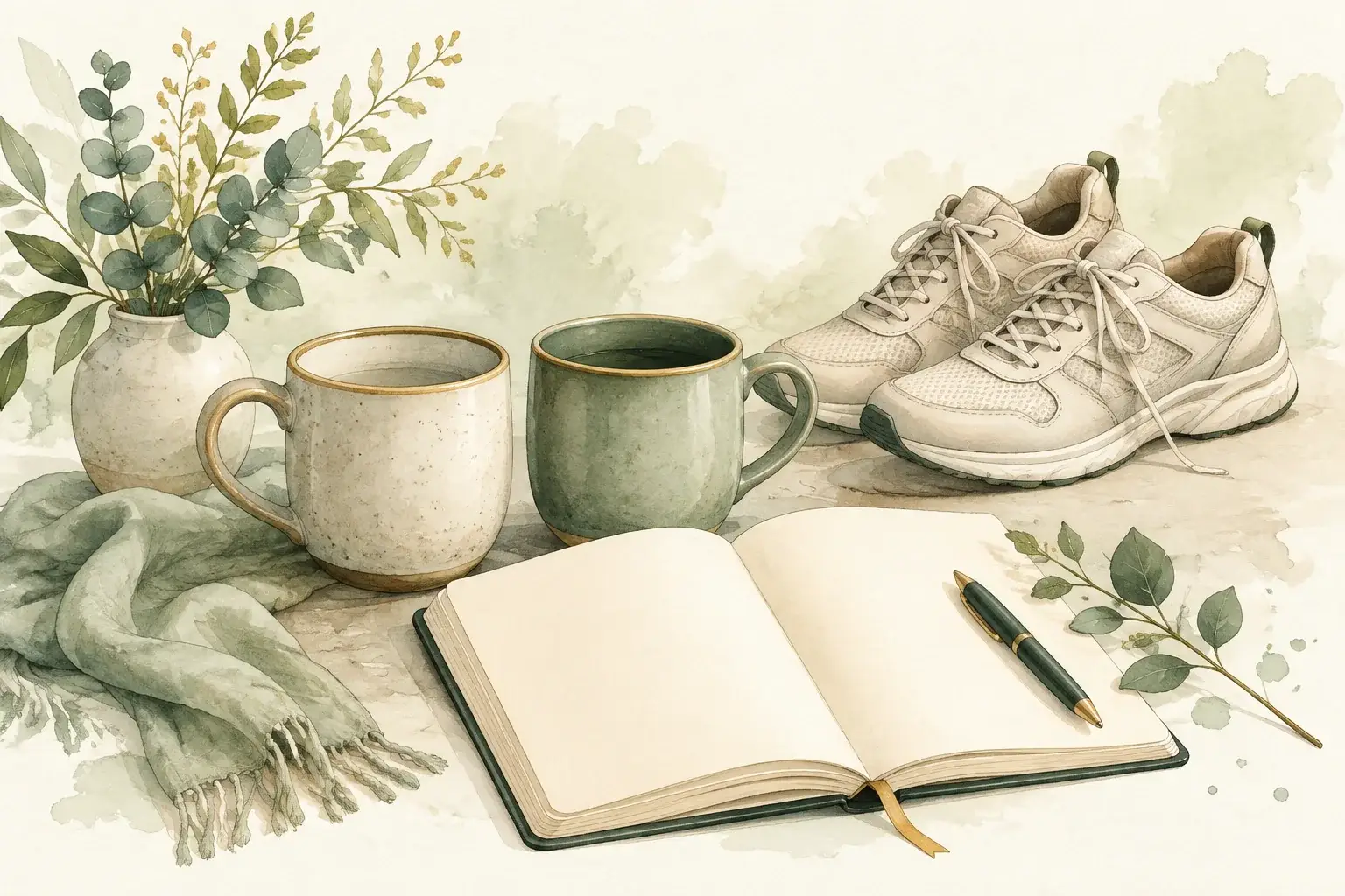Two mugs and an open blank journal beside walking shoes, suggesting connection and daily life after an MS diagnosis.