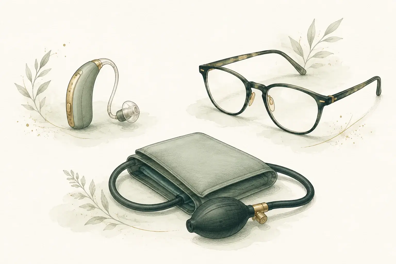 A hearing aid, reading glasses, and a blood pressure cuff arranged on an ivory surface.