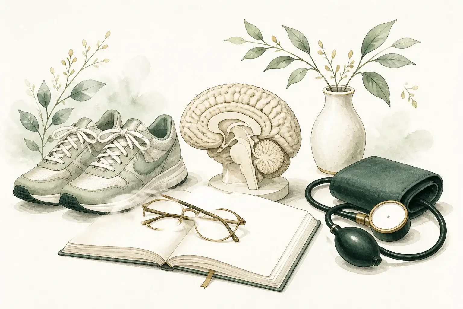 Reading glasses on an open book, walking shoes, and a blood pressure cuff arranged around a small brain model.