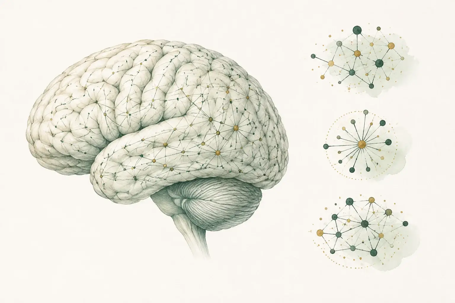A simplified brain with three distinct fine-line connection networks suggesting processing speed, attention, and memory.