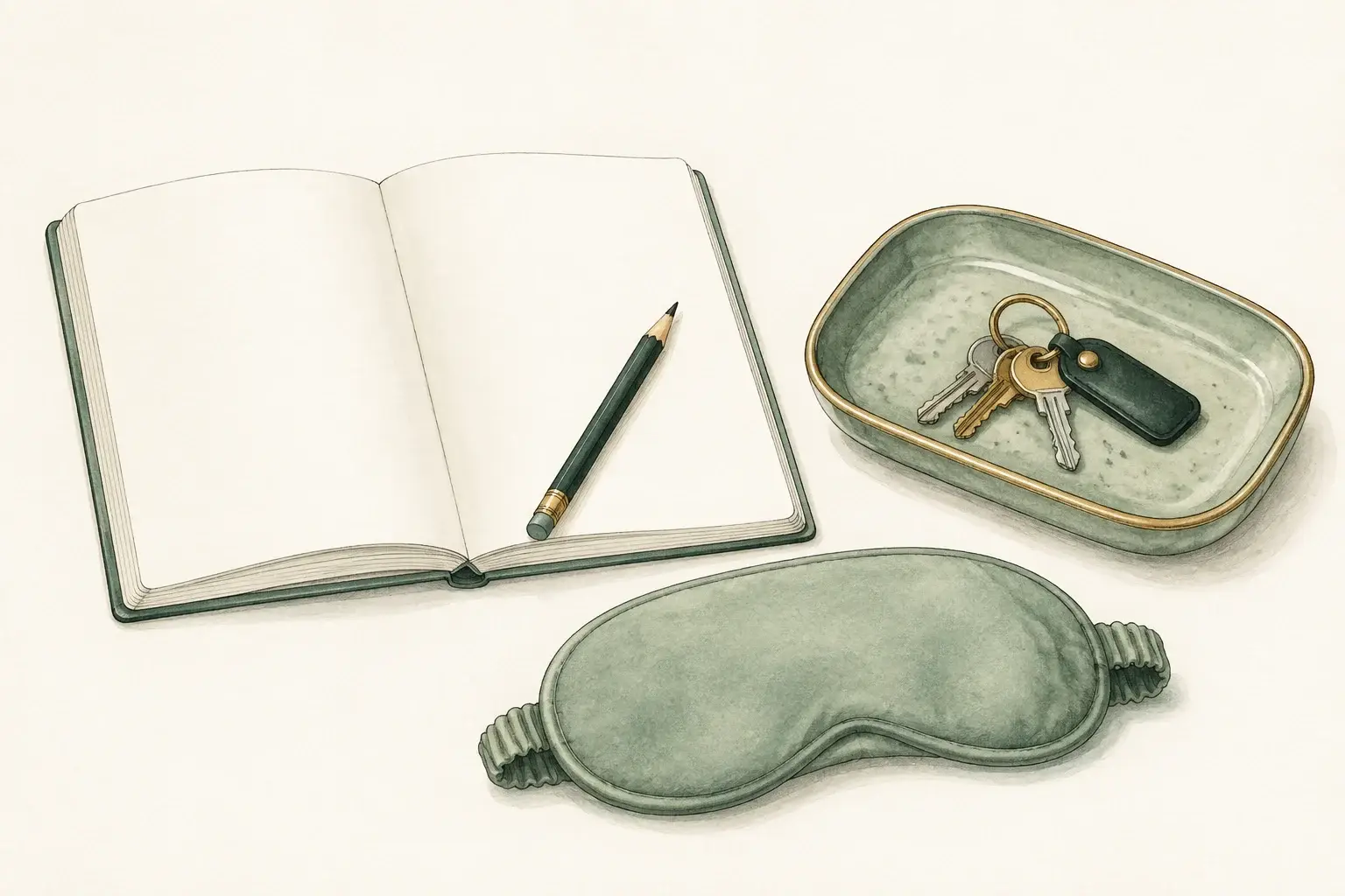 A single open notebook, keys in a tray, and a softly folded sleep mask illustrating routines and rest.