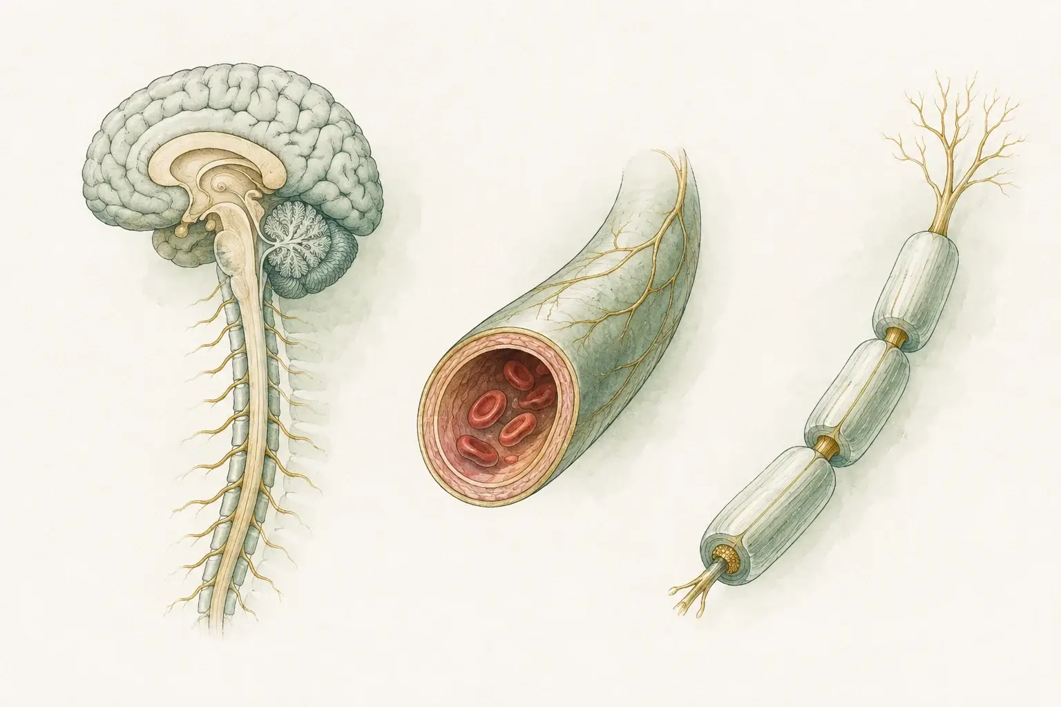 A central nervous system model beside a small blood vessel model and a peripheral nerve fiber.