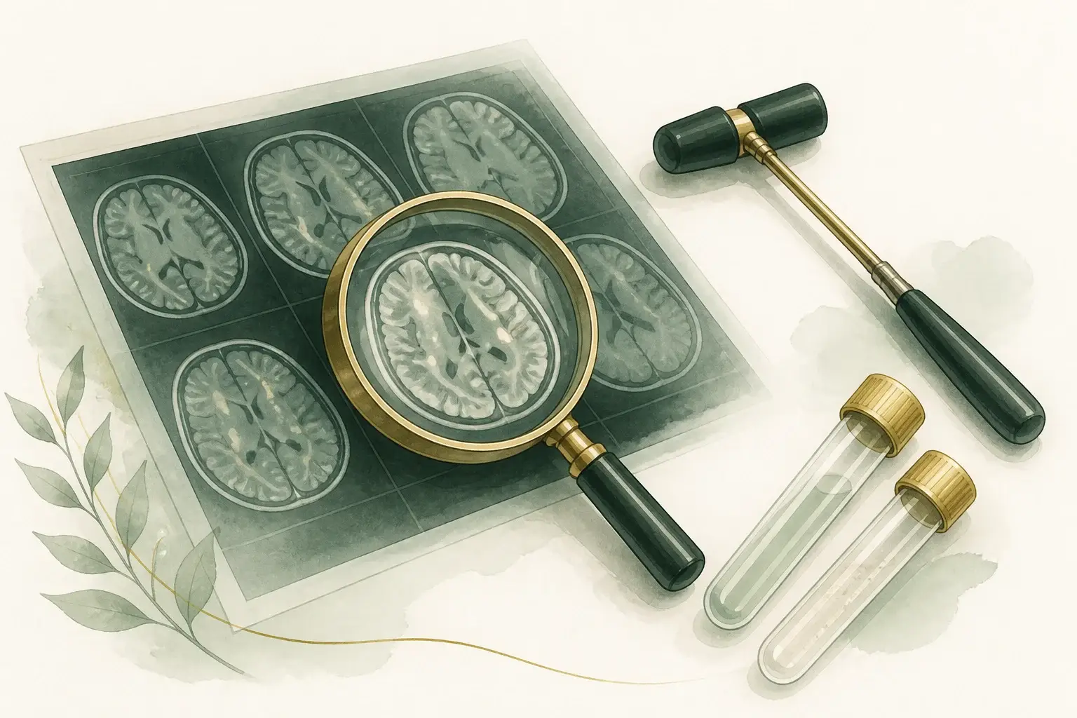 An illustrated brain scan under a magnifying glass beside a reflex hammer and laboratory tubes.