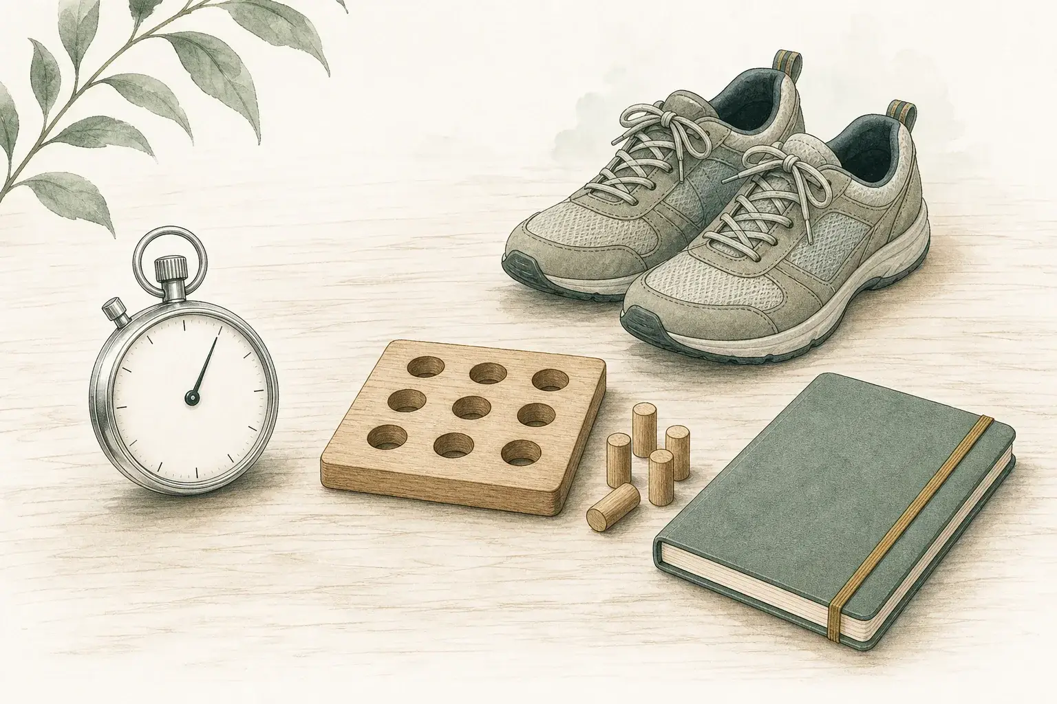 A plain stopwatch, a small wooden board with nine holes and loose pegs, a pair of walking shoes, and a closed notebook on a light table.