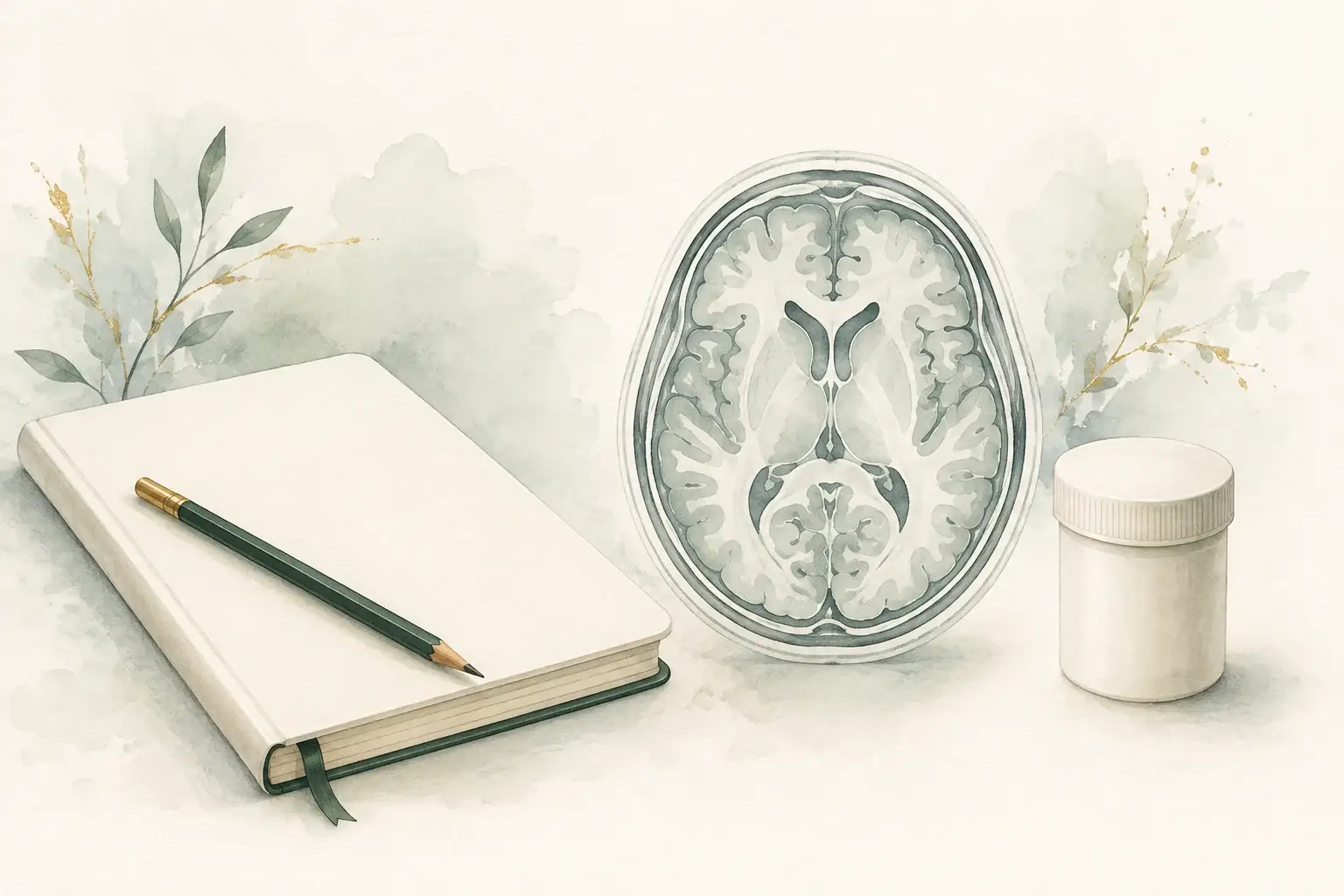 A follow-up notebook, a brain imaging sheet, and a closed medication container.