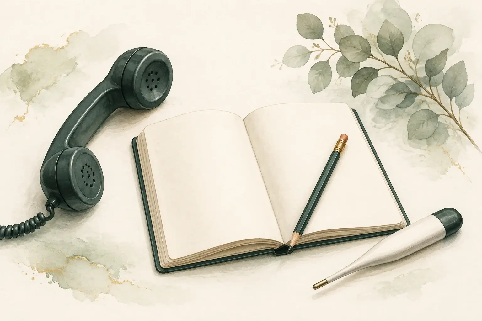 A telephone, a blank symptom notebook, and a thermometer arranged as tools for reporting an MS symptom change.