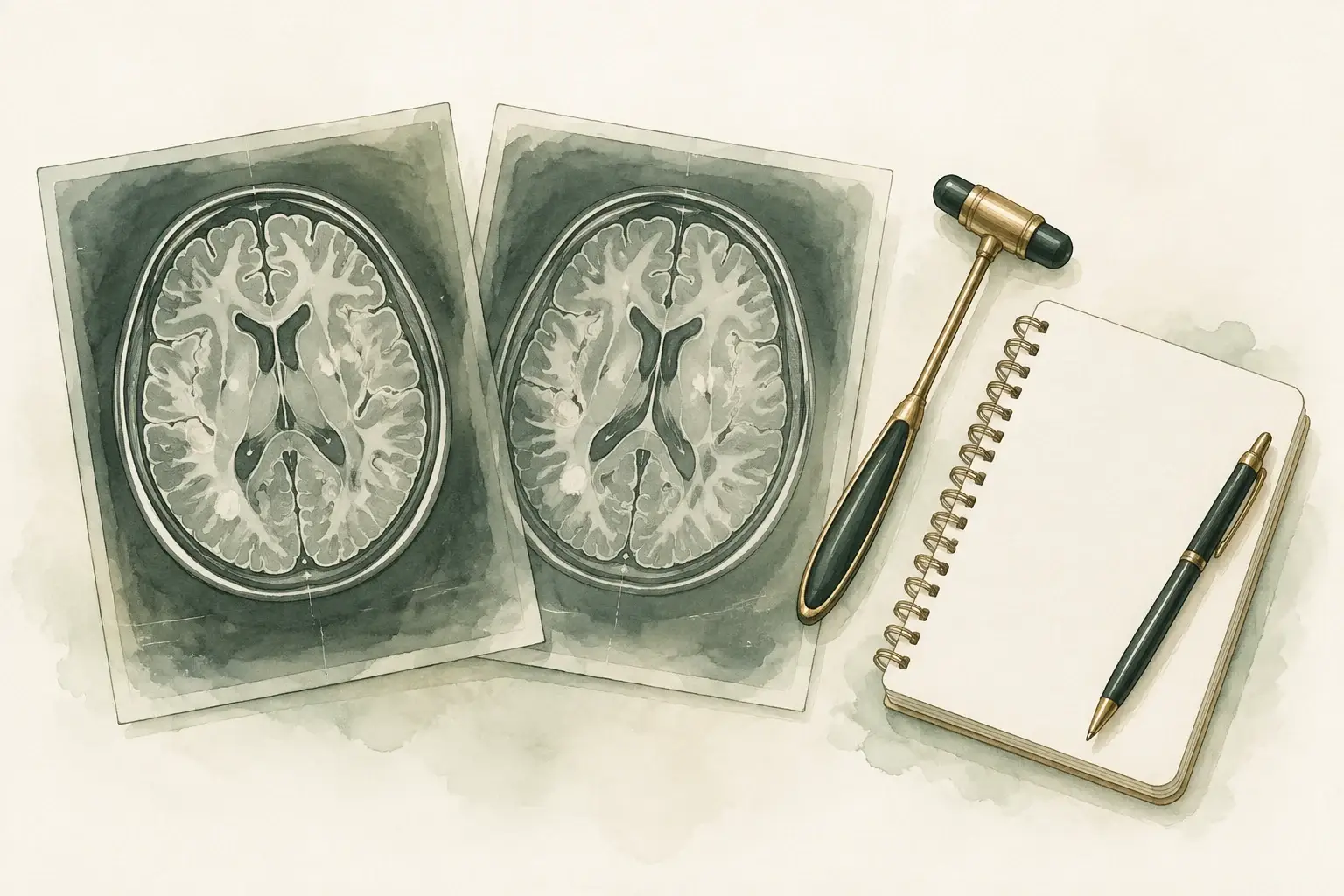A pair of brain imaging sheets beside a reflex hammer and a blank symptom diary.