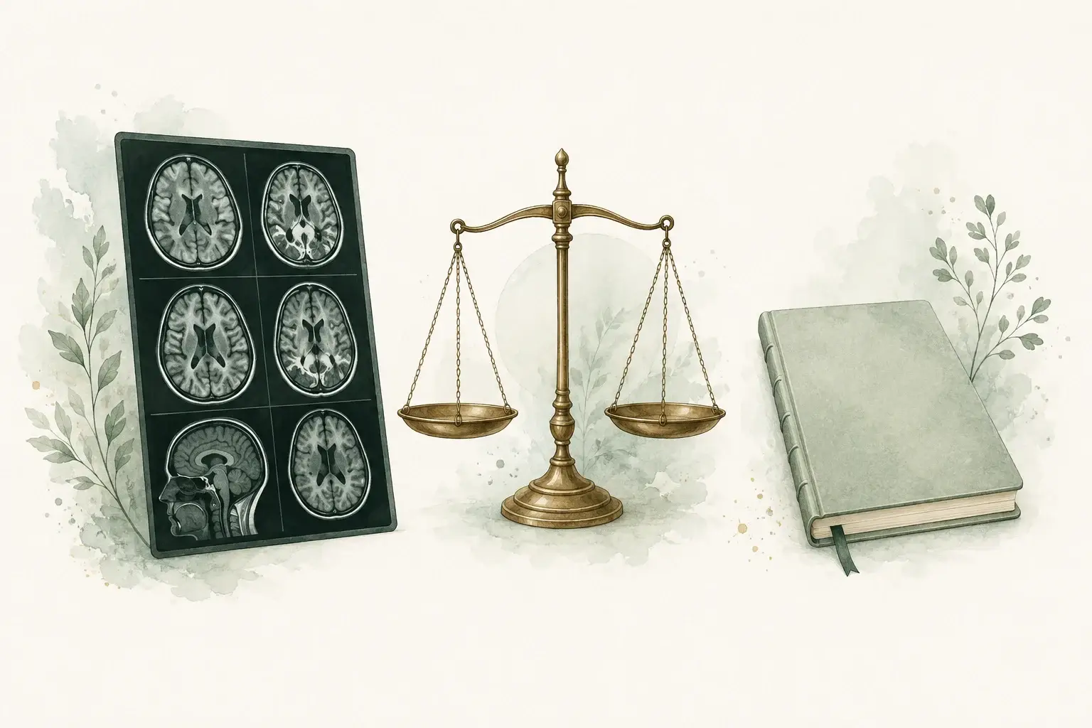 A brain scan, a balanced scale, and an unlettered appointment planner representing disease activity, tradeoffs, and treatment schedule.