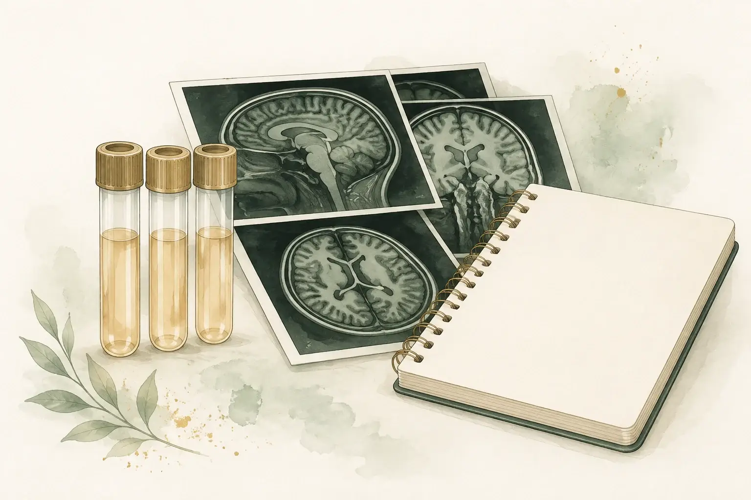 Three capped blood sample tubes beside overlapping brain imaging sheets and a blank follow-up notebook.