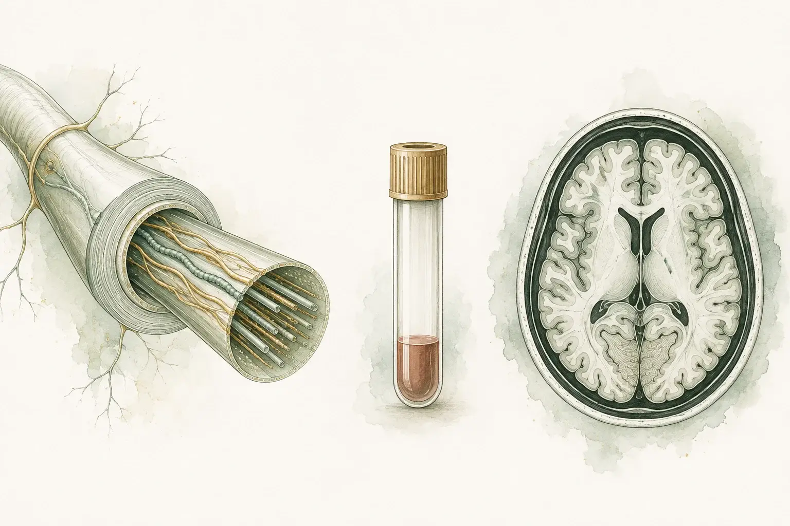 A magnified nerve fiber with fine internal protein strands, a capped blood sample tube, and a brain scan.