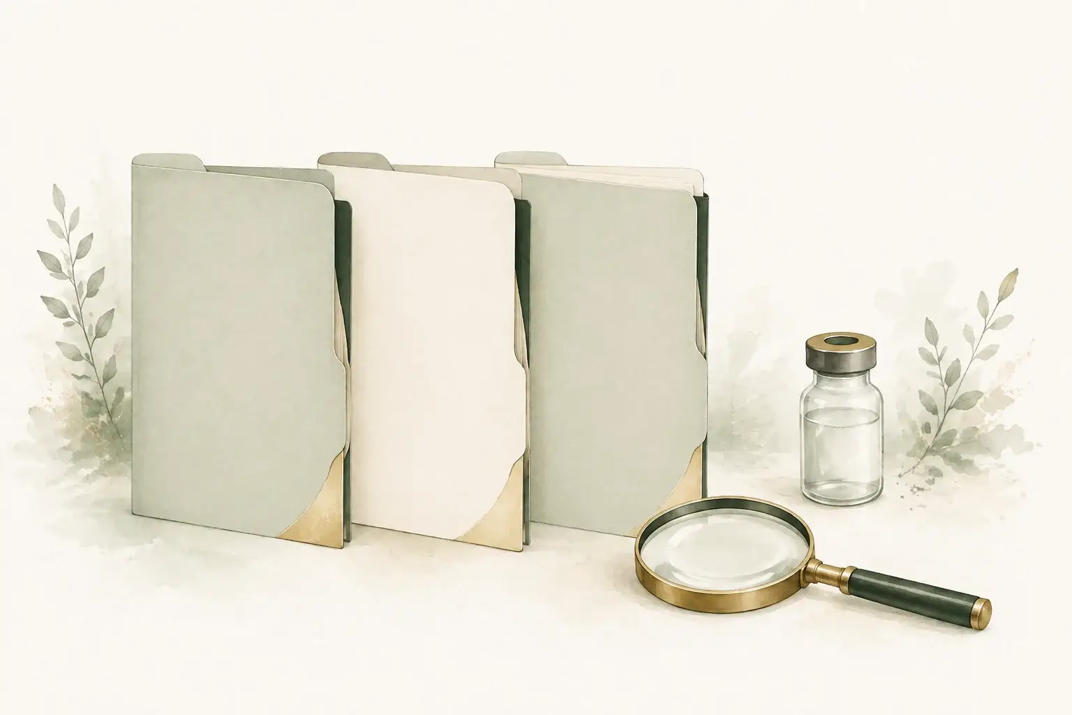 Three closed clinical folders beside a magnifying glass and a generic medication vial.