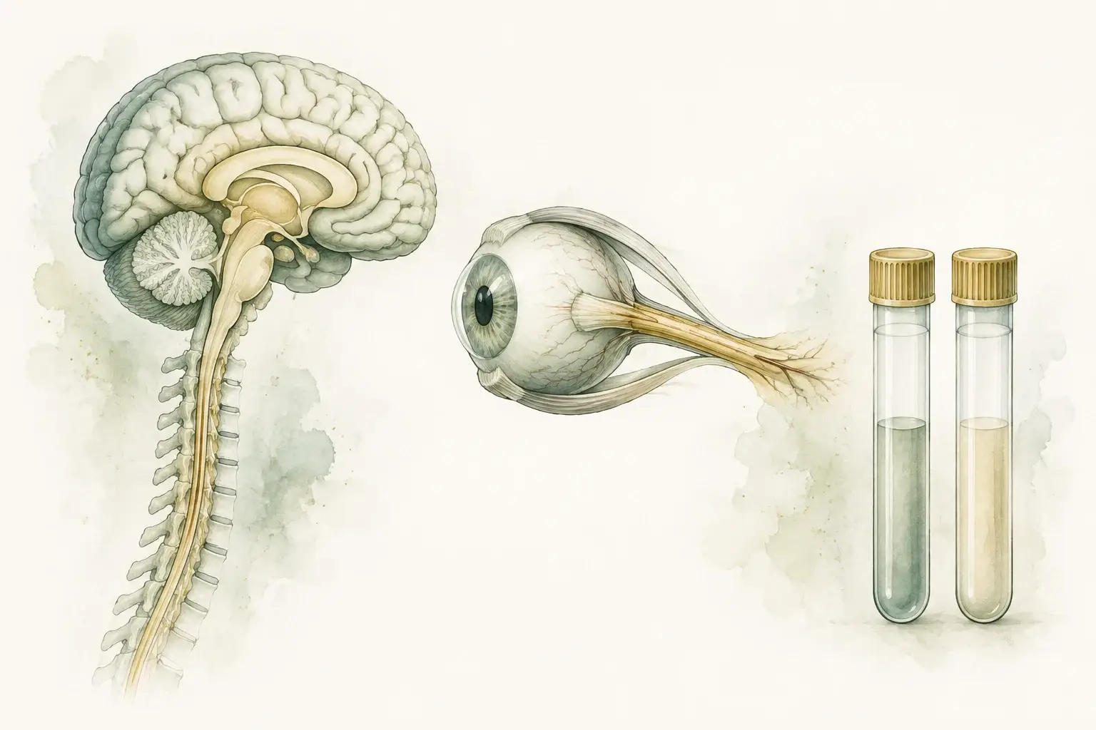 A stylized brain and spinal cord, an eye with its optic nerve, and capped laboratory tubes.